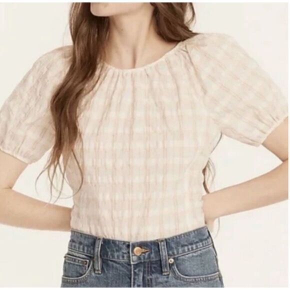 J. Crew Plaid Peasant Top Size 10 - Picture 1 of 11